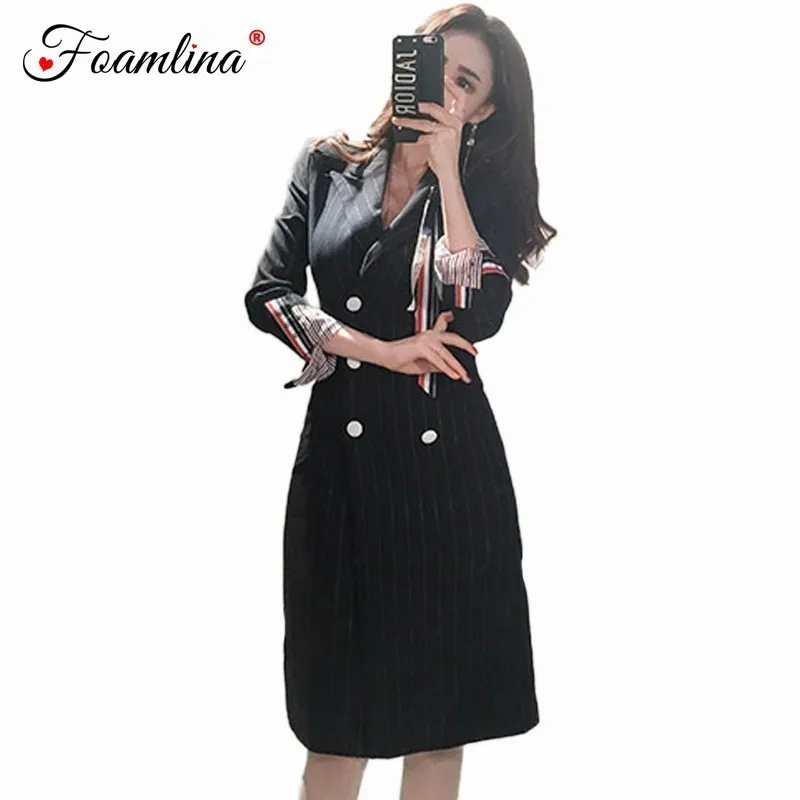 

Foamlina Women's Blazer Dress 2018 Autumn Striped Pencil Dress Notched Collar Long Sleeve Double Breated Work Office Midi Dress