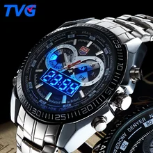 TVG Fashion Sport Men Watch luxury brand analog digital LED dual display stainless steel strap waterproof military quartz watch