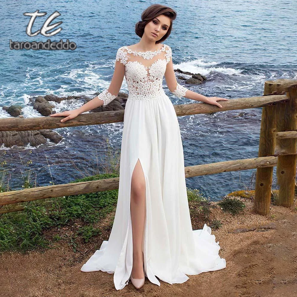 

Scoop A Line Wedding Dresses Half Sleeves Illusion Back Front Slit Lace Applique Chiffon Sweep Train Bridal Gown with Buttons