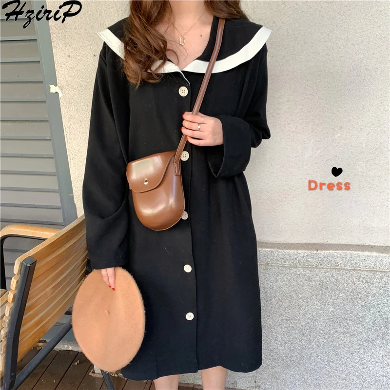 

HziriP Korean Autumn Winter 2019 Loose Fashion Sweet Straight Dress Single Breasted Wild Long Sleeve Women Preppy Style Dresses