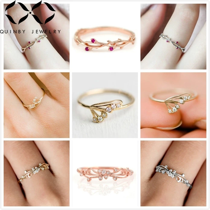 

Quinby Flower Zircon Rings For Women Wedding Rose Gold Crystal Ring Engagement Thin Ring Promise Dainty bague Girl Jewelry Q5