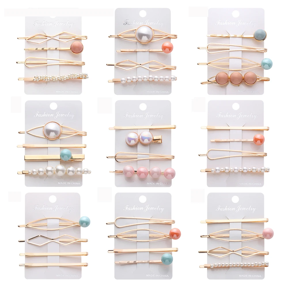 4 pcs/set Women Fashion Metal Hairpins Korea Imitation Pearl Beads Hair Clips Irregular Geometric Hair Styling Accessories