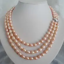 3 ряд Очаровательная природный 8-9 мм AAA розовый жемчужное ожерелье слово