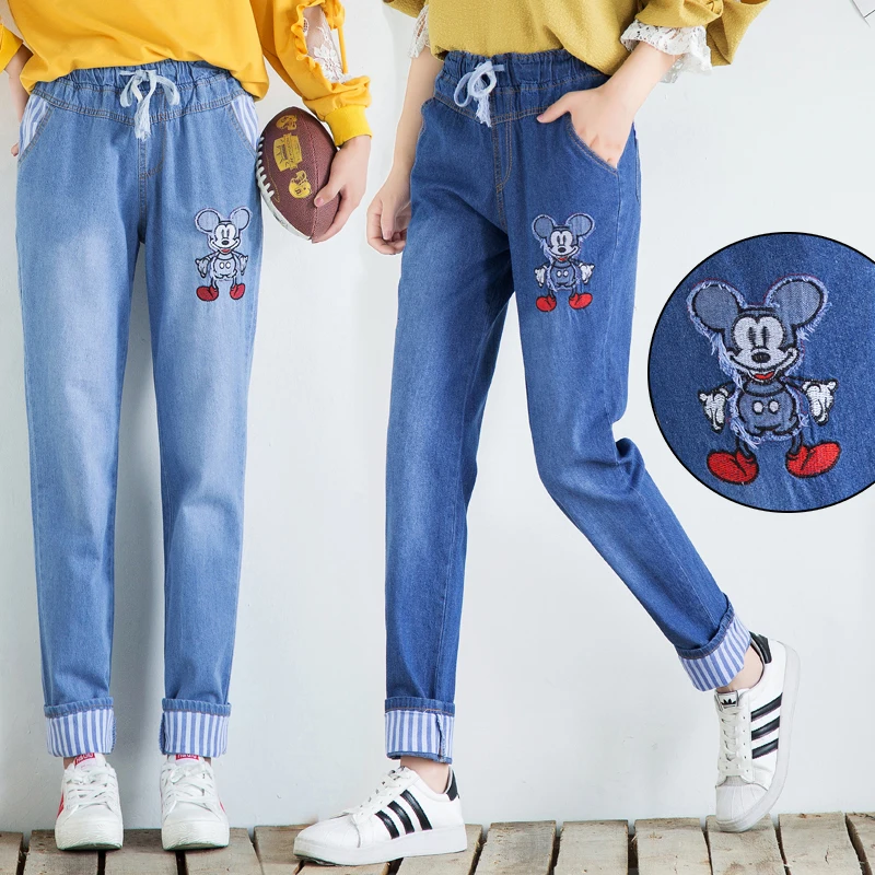 

Cute Cartoon Mickey Mouse Women Jeans Elastic Band Denim Trousers Women Fashion Cotton Wide Cuffed Denim Girls Pencil Pants