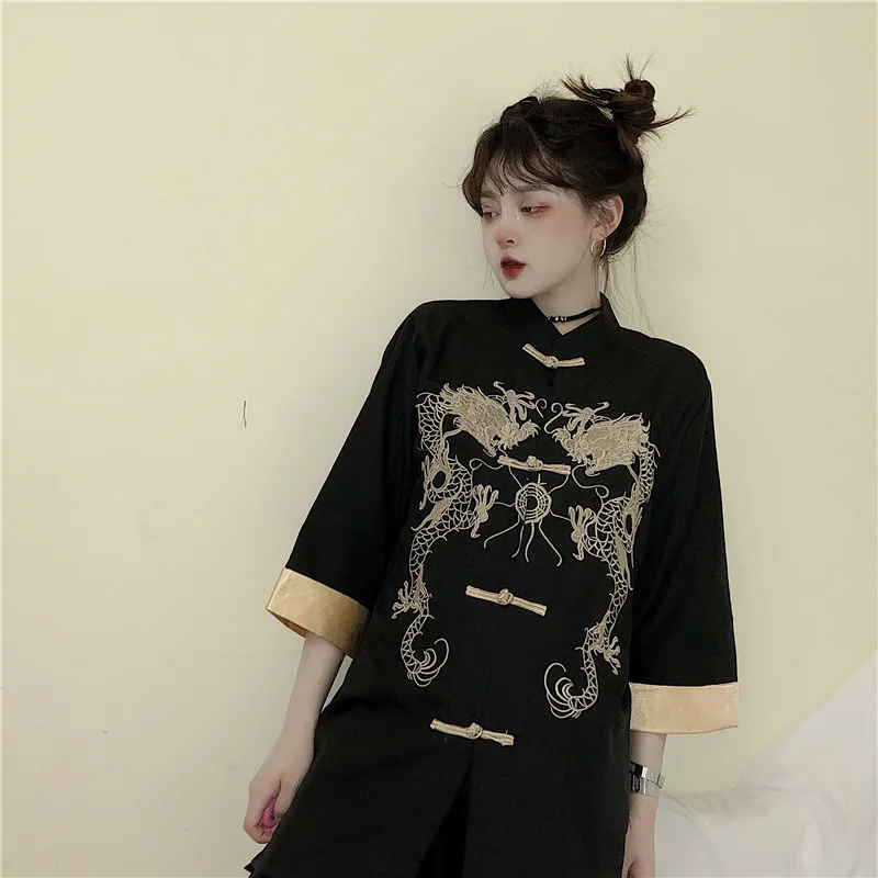 Neploe, летние женские топы, блузка хараджуку, Ретро стиль, вышивка дракона, короткий рукав, блузки, черная рубашка, женская уличная одежда 38913
