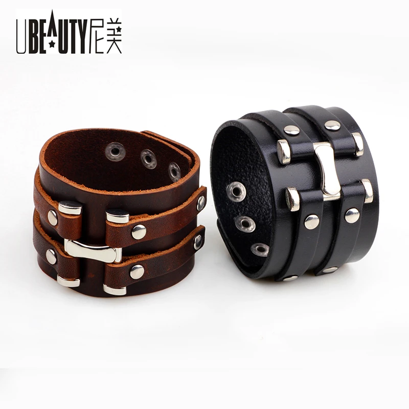 

Retro Cuff Leather Wrap Wide Bracelets Wristband Cool Men Punk Rock Bracelet & Bangle Black/Brown Jewelry pulseira feminina