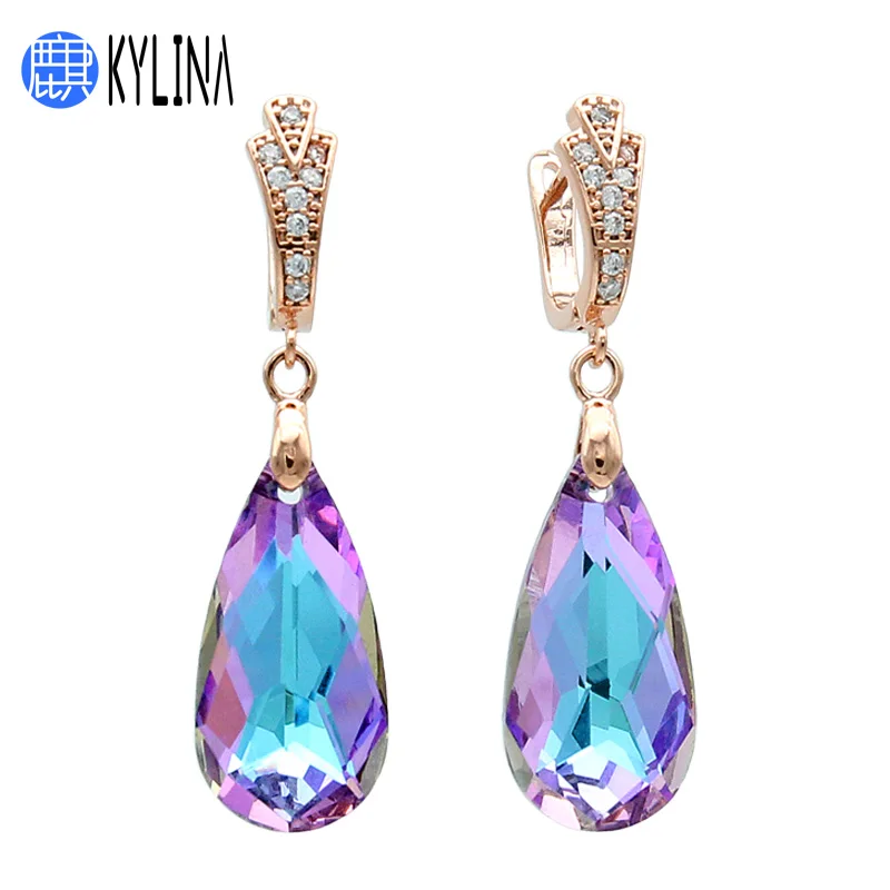 

KYLINA New Long Colorful Crystal Water Drop Dangle Earrings Korean Temperament 585 Gold Color For Women Girl Wedding Party Gift