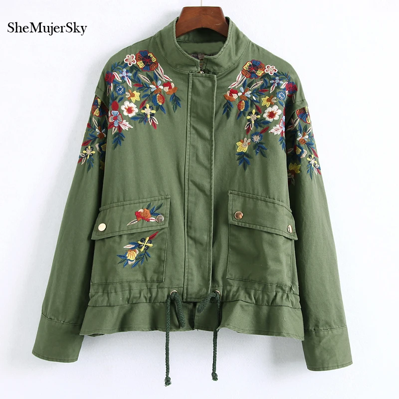 

SheMujerSky Bomber Jacket Women Floral Embroidered Jackets Army Green bomber feminina Autumn Black