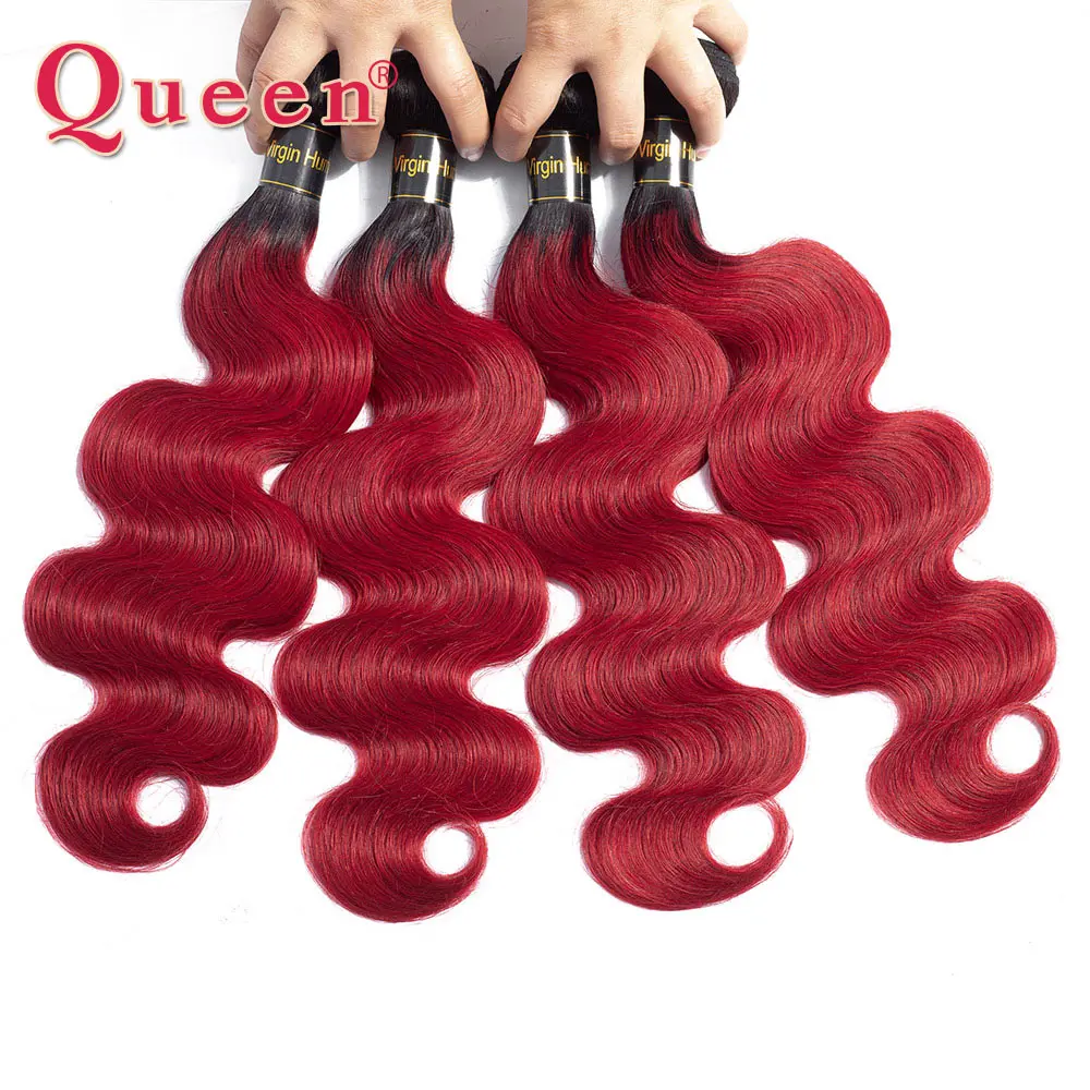 Queen hair продуктов(не подвергавшиеся химическому воздействию) в пучках, волнистые волосы, для придания объема, 1/3/4 Связки эффектом деграде(переход от темного к 1B/цвет красного вина два тона человеческих волос ткать