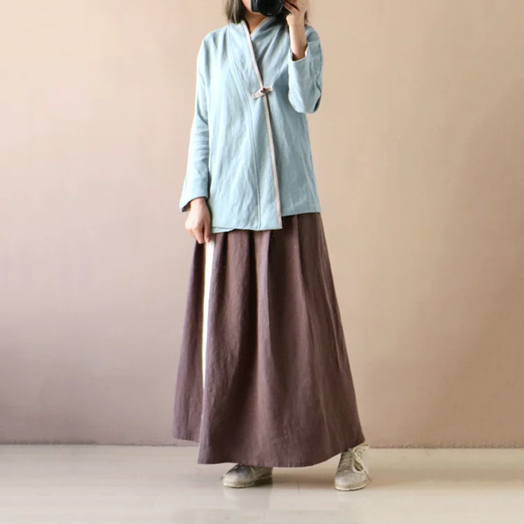 

Cotton Linen Women's Slung Jacket Chinese Style Loose Zen Solid Colors Long Sleeve Shirt Tops Tea Suit Hanfu Improved