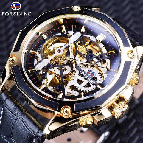 Topo da Marca de Luxo Forsining Transparente Case Engrenagem Movimento Steampunk Homens Esqueleto Automático Assista Trabalho Aberto Design Auto Enrolamento Mod. 115317