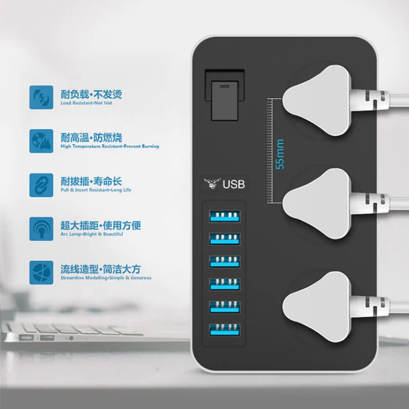 Умная Сетевая розетка 16 А 6 USB портов 3 универсальные розетки 3000 Вт переменного