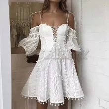 Cuerly white hollow out ball dress women 2019 summer party skater dress off shoulder bow sexy mini dress white crochet dresses Cuerly white hollow out ball dress women 2019 summer party skater dress off shoulder bow sexy mini dress white crochet dresses