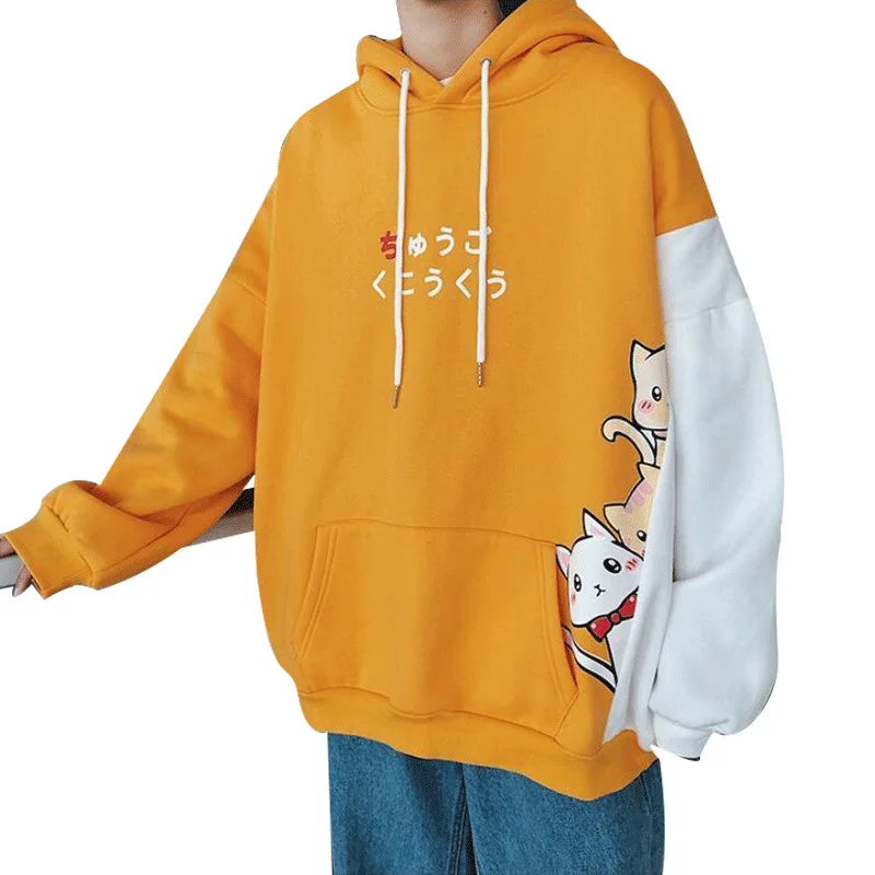 

Korean Sweatshirt Men Patchwork Color Hoodies Mens Plus Velvet Harajuku Kawaii Cartoon Cat Kitty Printed Hoodie Top Sudaderas