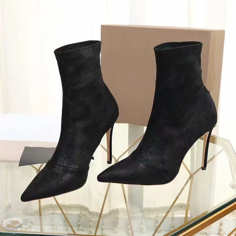 

Sexy Black Stretch Fabric Booties Pointed Toe Thin High Heels Pumps Sock Boots Slip On Shoes 2018 Spiked Women Motorcycle boots