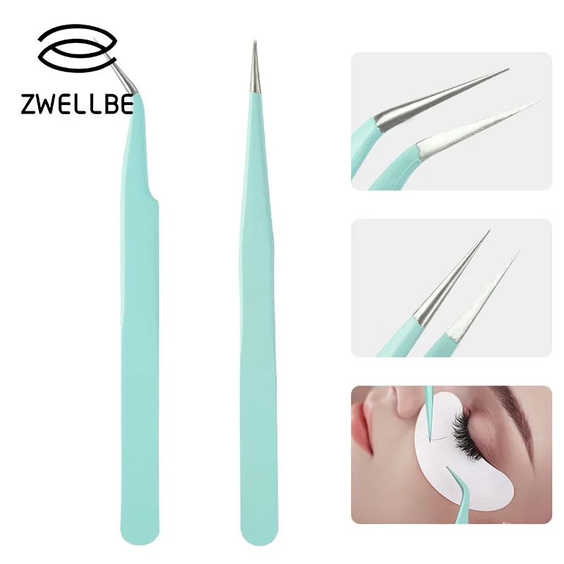 

Fashion Candy Blue Tweezers Stainless Steel Eyelash Extension Straight Curved Professional Portable Anti-static Eyebrow Tweezers