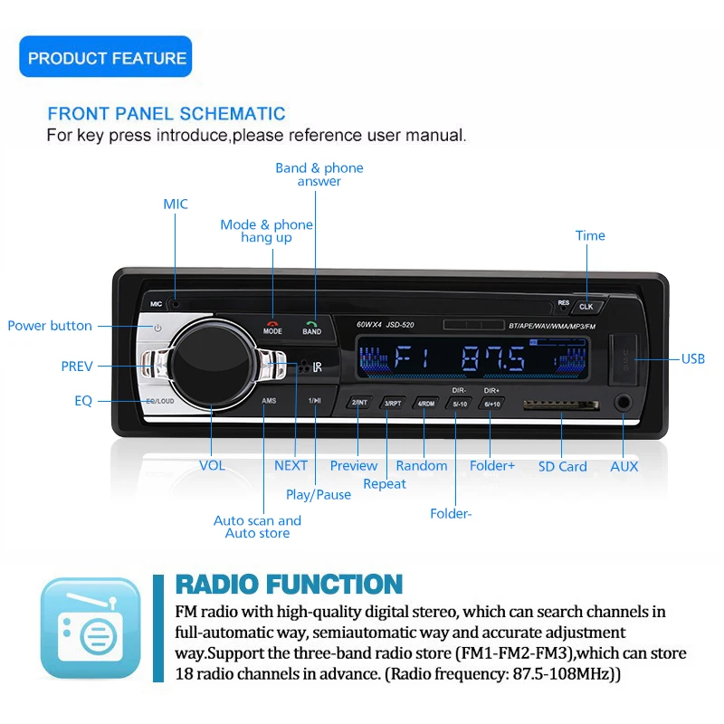 Autoradio JSD520 auto Radio estéreo reproductor Digital de coche Bluetooth MP3 jugador 60Wx4 FM Radio Estéreo de Audio con Dash AUX de entrada