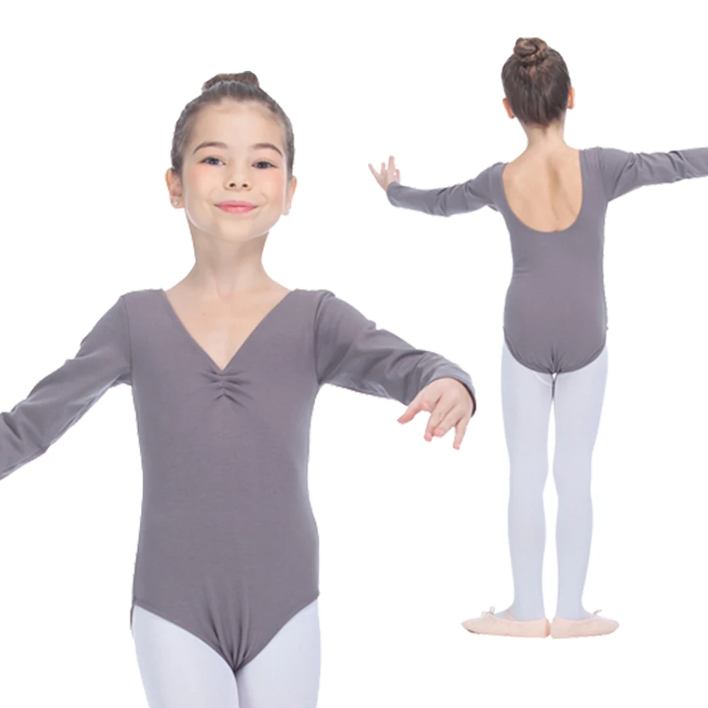 

Retail Wholesale Gray Cotton/Lycra Long Sleeve Pinch Front V Neck Ballet Dancing Leotard for Girls and Ladies