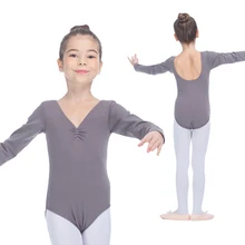 Розничная и серый хлопок/лайкра с длинным рукавом Pinch спереди V образным вырезом балетный танцевальный Купальник для девочек и дам
