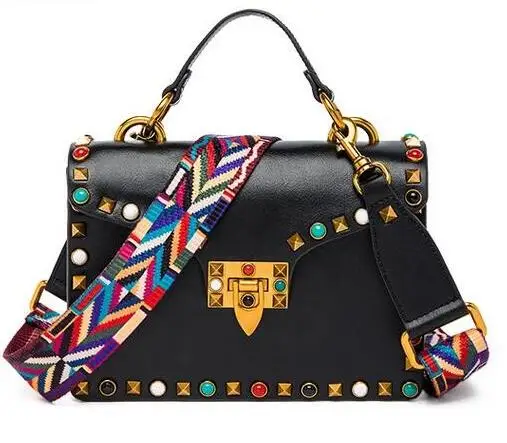 

2017 Hot women handbag genuine leather bag Woven Strap Crossbody Brand bag Rivets Rainbow Bag Turquoise women wide shoulder