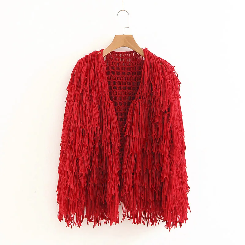 Lamb Solid Color Sequins tassels knitted Sweater jacket cardigan Handmade Mixed Fringed Velvet Fluffy Loose Coat Outwear |