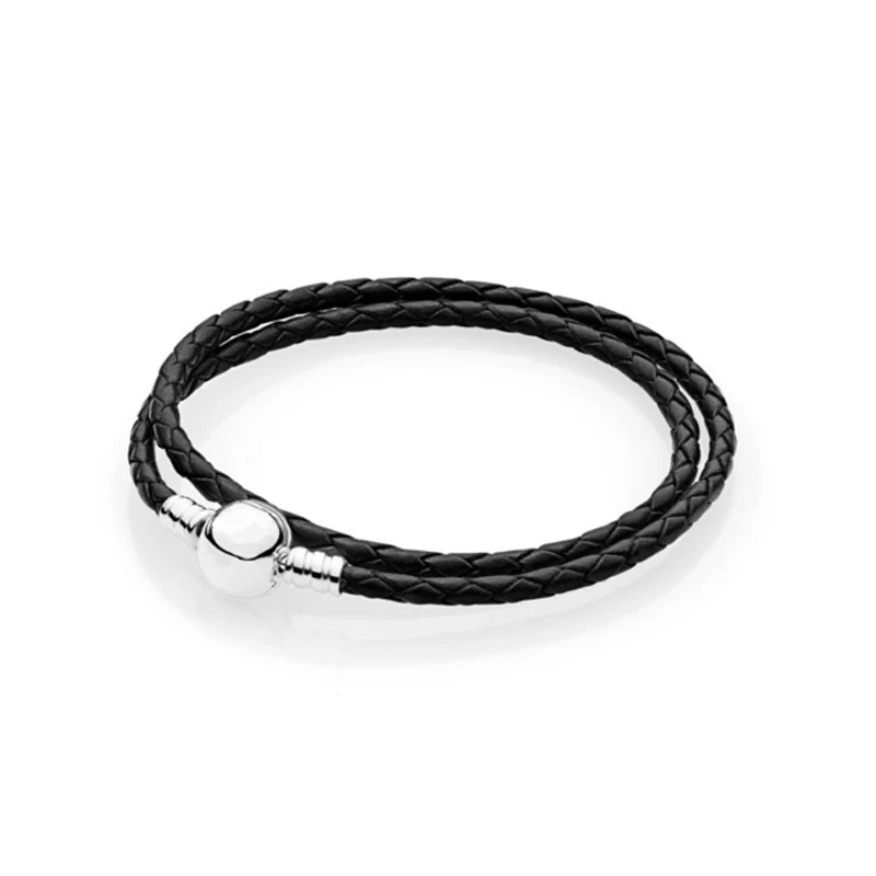 

Fashion Women & Men Black Leather Bracelets Signature Round Shape Silver Clasp for DIY Making Silver 925 Jewelry Rope Bracelets