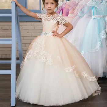 

Birthday Pageant dress Champagne Tulle Lace Flower Girl Long Tutu Dress Princess Ball Gown Dance First Communion Dresses
