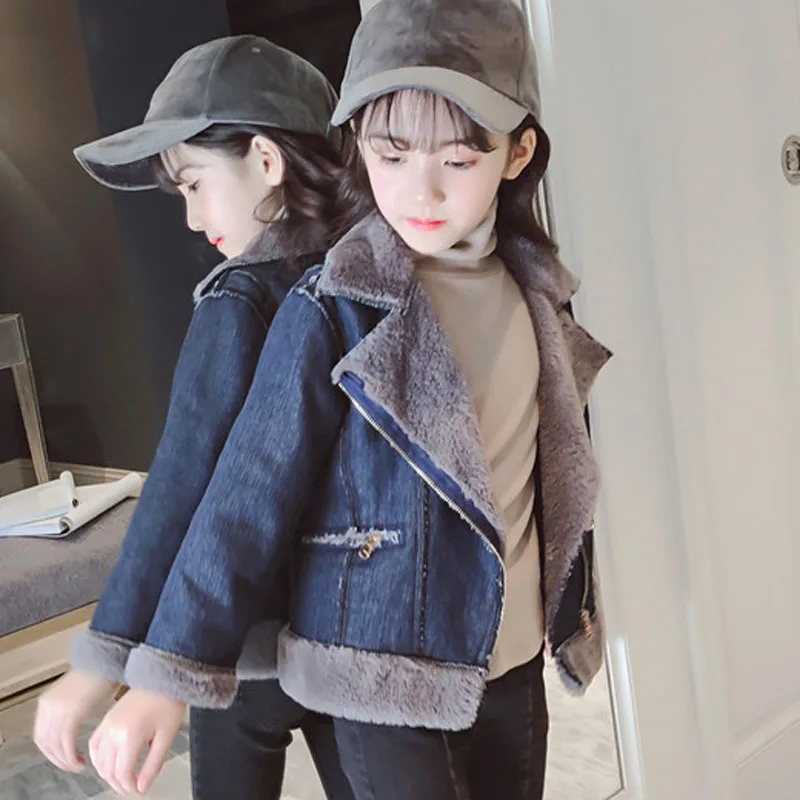 

Solid Fleece Zipper Jackets For Girls Fur Collar Coats Children Winter Outerwear Tops Infant Kids Long Sleeve Warm Coats Clothes