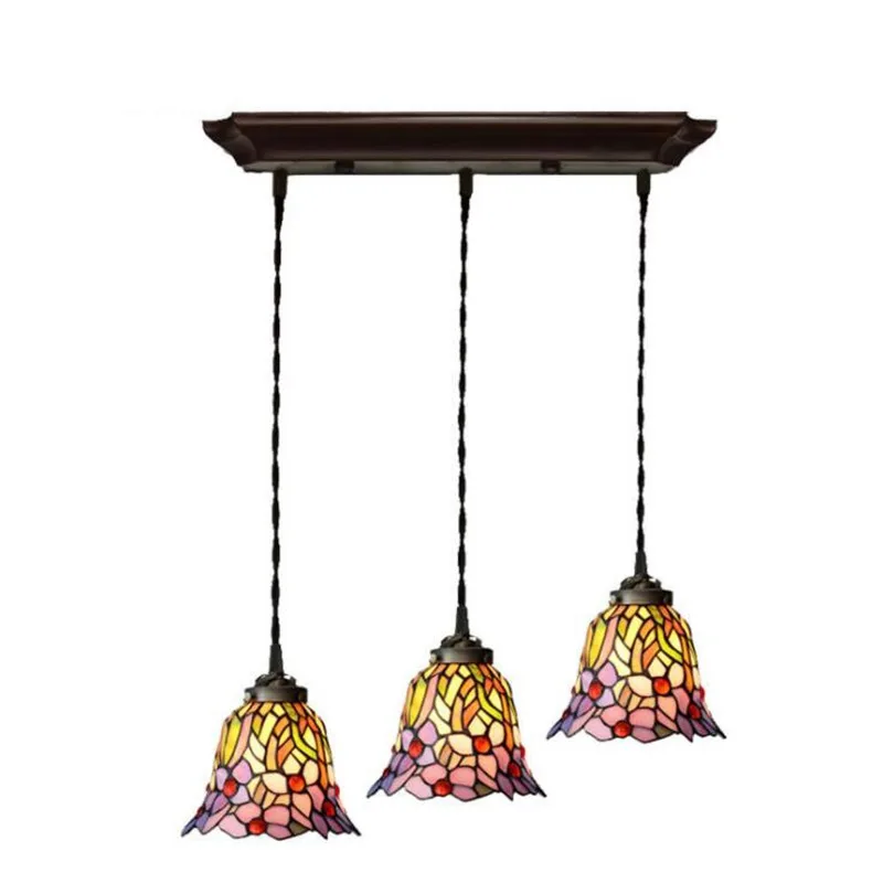 

3 Heads Pastoral Tiffany Drop Lamps Flowers Dining Table Bar Suspension Foyer Apartment Glass Pendant Light 1102