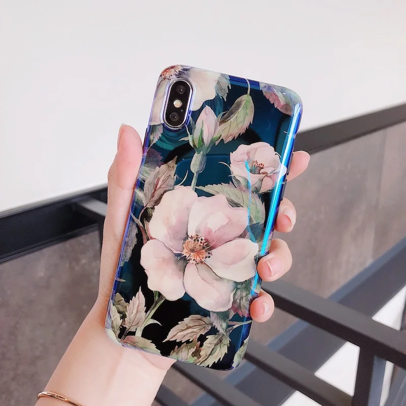 Koop Retro Camellia Bloemen telefoon case Voor iphone X XR XS XS Max Shiny blu ray Soft silicon case voor iphone 6 6s 7 8 7 plus