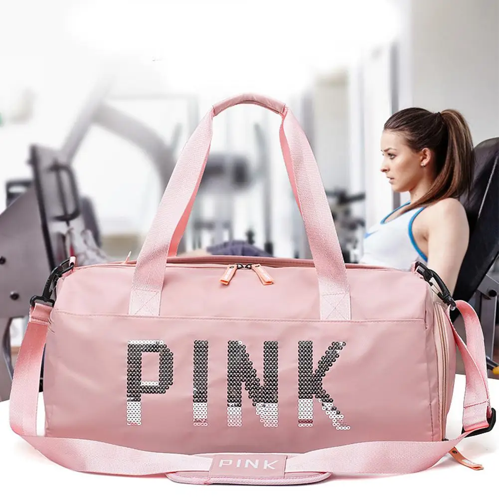 Спортивная сумка из нейлона большой емкости, сумка для сухого влажного разделения, сумка через плечо, сумки-мессенджеры с блестками и розовыми буквами, унисекс, спортивная сумка для улицы