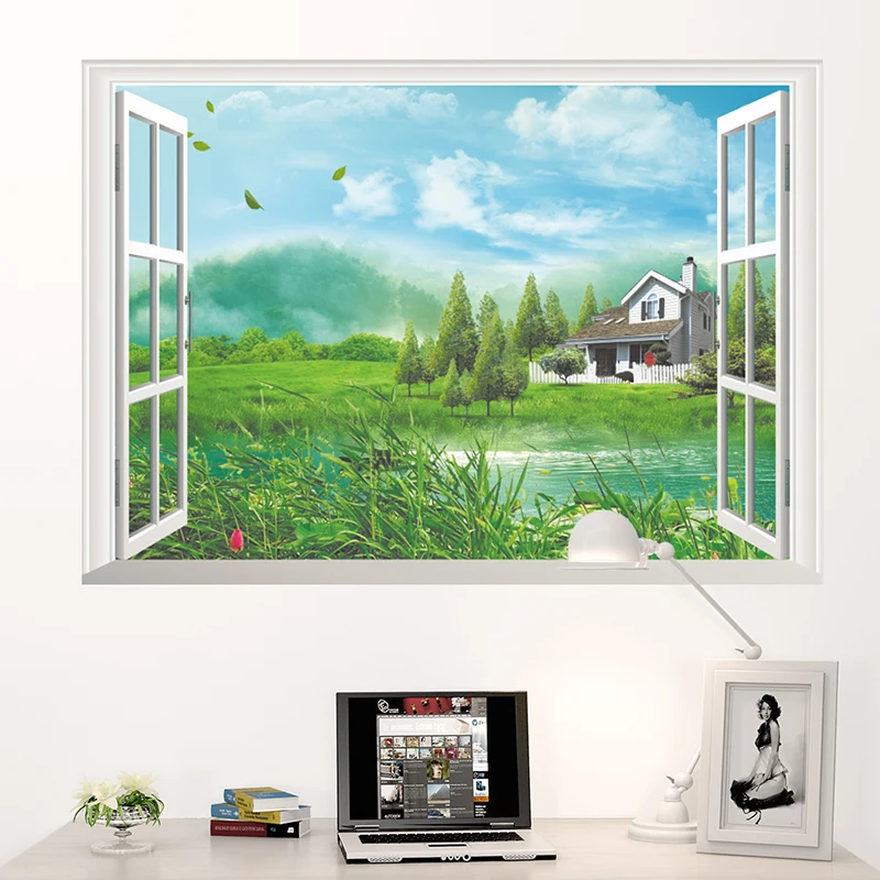 

Green Mountain Forest Lake Window Wall Stickers For Living Room Decoration 3D Mural Art Natural Scenery Landscape Home PVC Decor