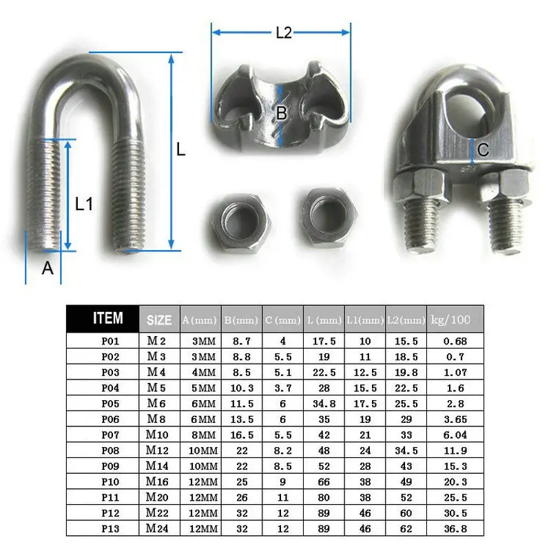 

Free Shipping Wholesale Rigging Hardware 304 Stainless Steel DIN741 M4 Wire Rope Clips