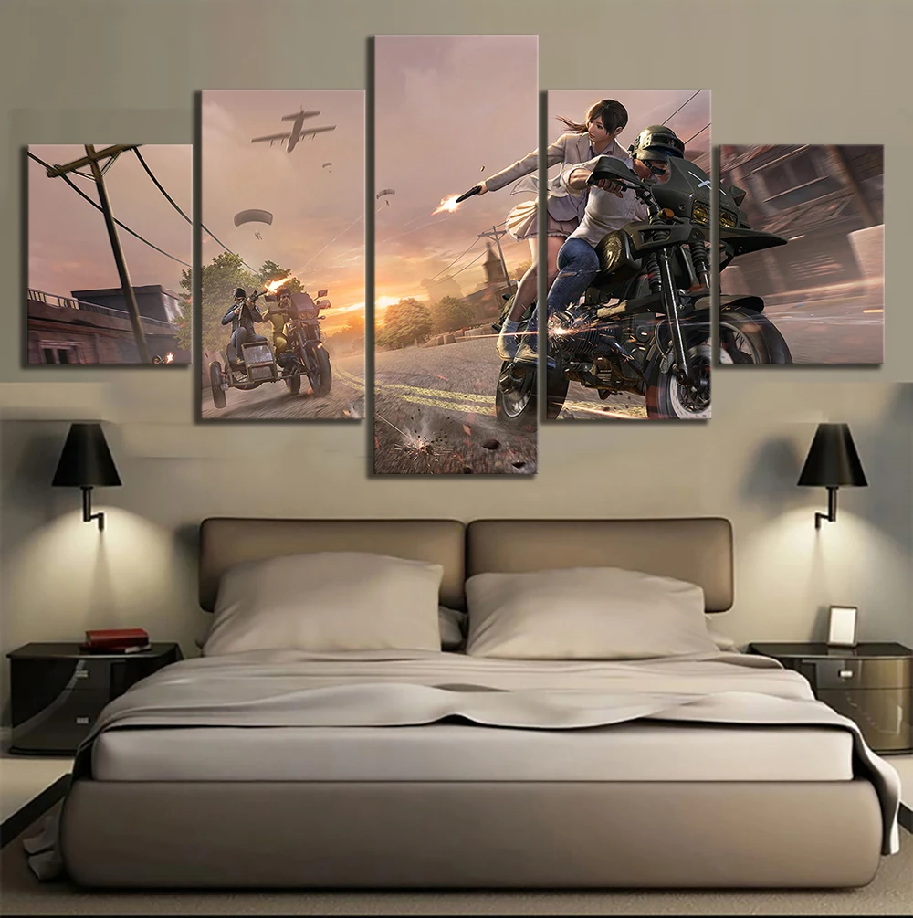 

Printed Painting Wall Art Poster Modular 5 Panel Pubg Motorcycle Chasing War Game Canvas Home Decoration Pictures Living Room