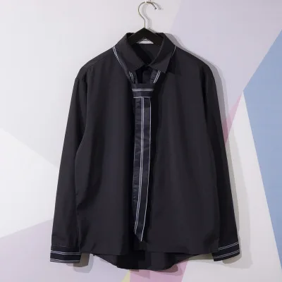 

Fashion Men's Shirts Neck Tie Casual Tops Full Length Turn Down Collar Black Clothing