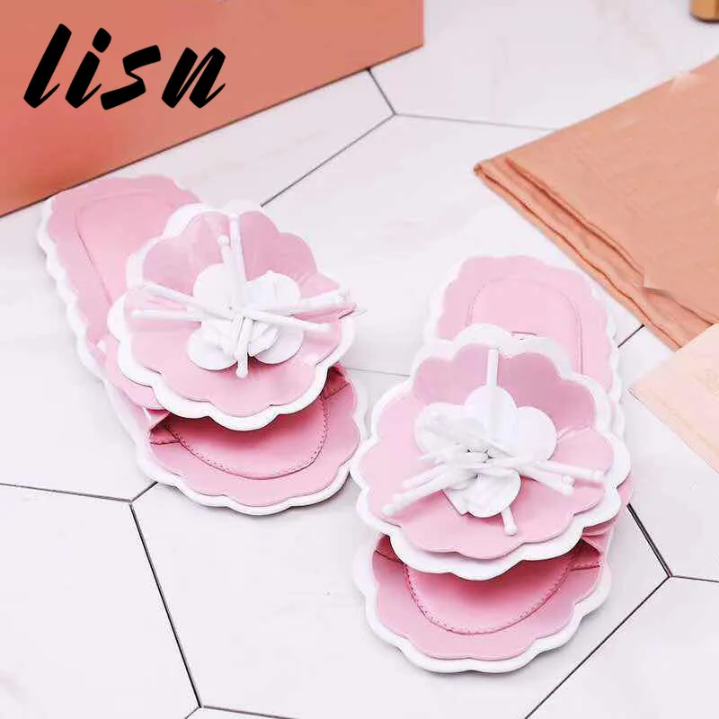 

LISN New Genuine Leather Pink Black Floral Summer Slippers Open Toe Slip On Flats Beach Slippers Shoes Women