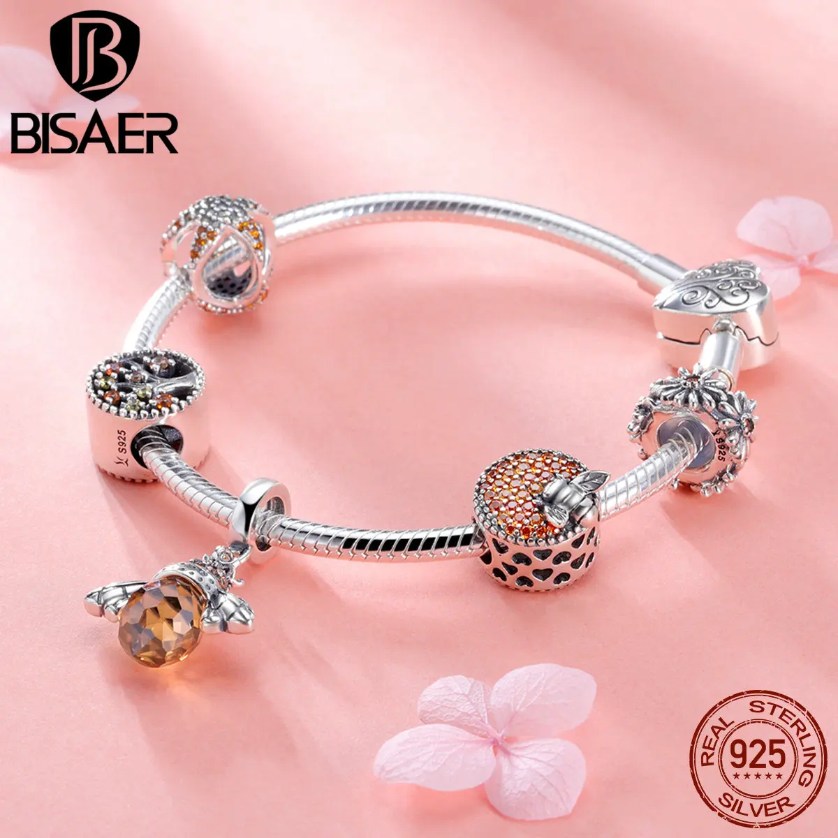 BISAER 925 пробы Серебряная пчела коллекция насекомых CZ PAVE Bee браслет с подвеской для женщин бренд браслет GXB805