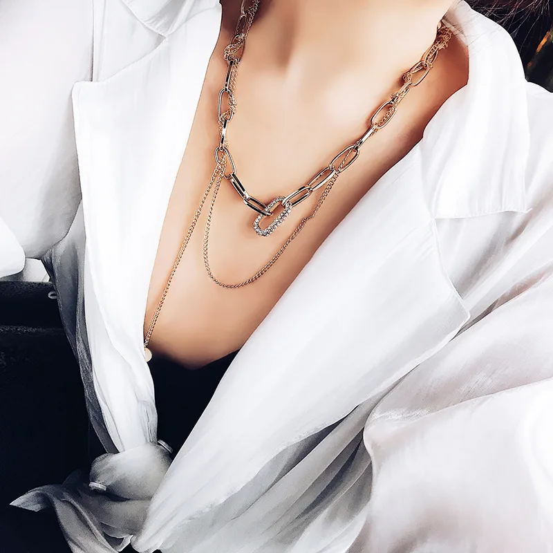 

JCYMONG 2019 New Creative Design Multi layer Sweater Chain Gold Silver Color Shining Crystal Choker Necklace For Women Jewelry
