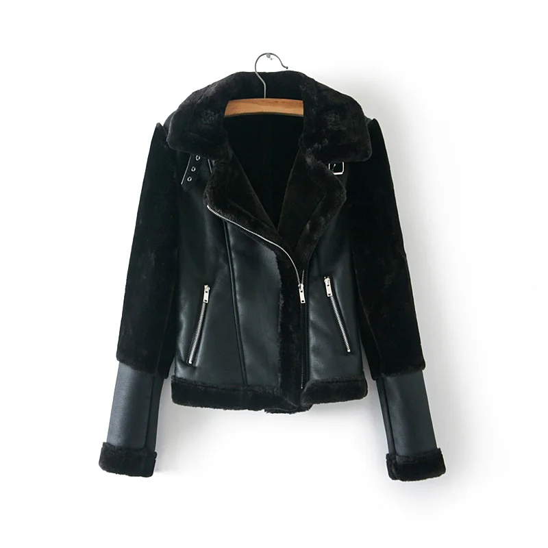 KENNTRICE/зимняя женская кожаная куртка, плотное черное пальто, Лоскутная куртка из искусственного меха с рукавом, роскошный дизайн, байкерская куртка