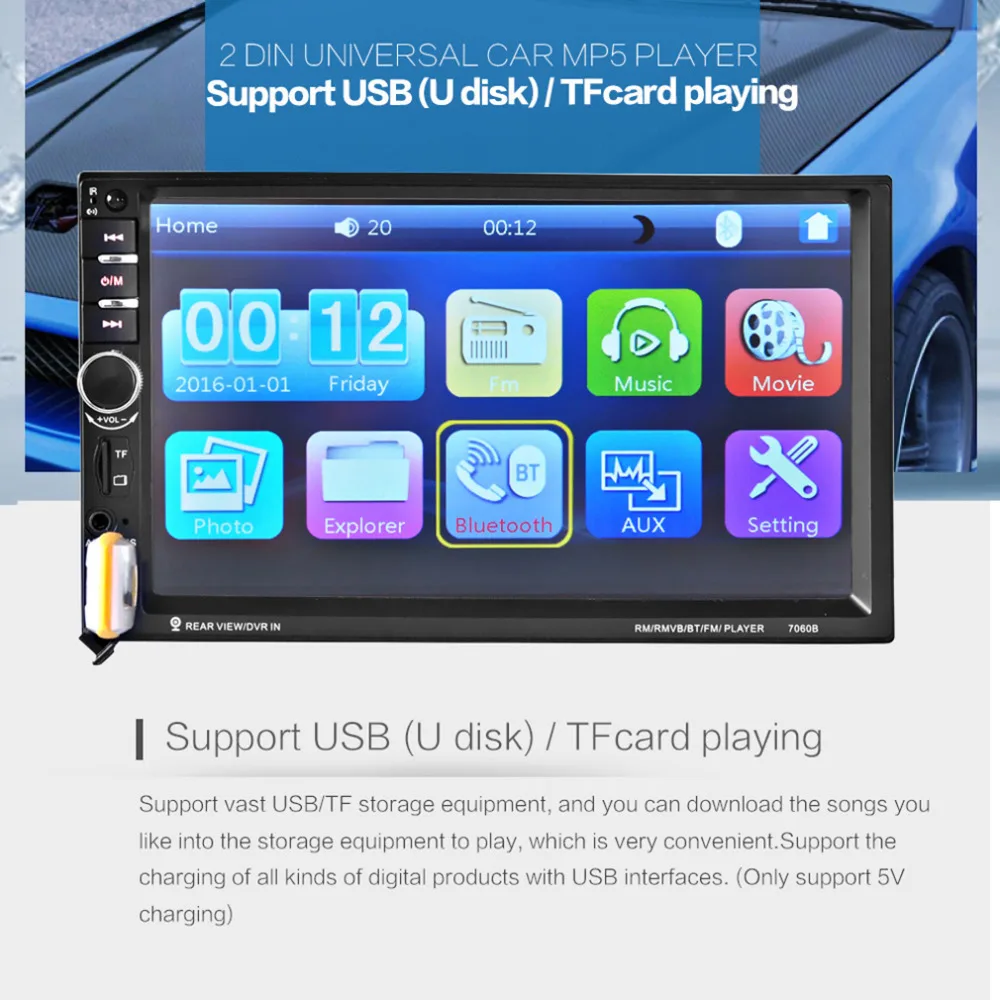 

7060B 7 inch Bluetooth Vehicle Auto Car MP5 Video Player In Touch Screen Support MP3 USB TF AUX FM & Remote Control