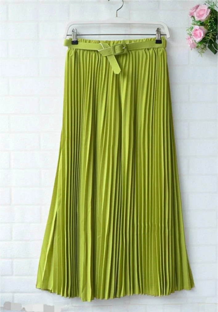 Womens Skirt Belt High Waist Solid Color Retro Maxi Chiffon Pleated Elegant Long Skirt Summer Skirt Womens New 13 Styles