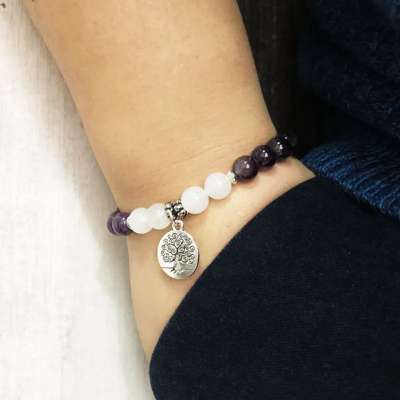 Женский модный шарм браслет фиолетовый камень эластичный запястье аметисты белый камень браслет Дерево жизни браслеты с подвесками