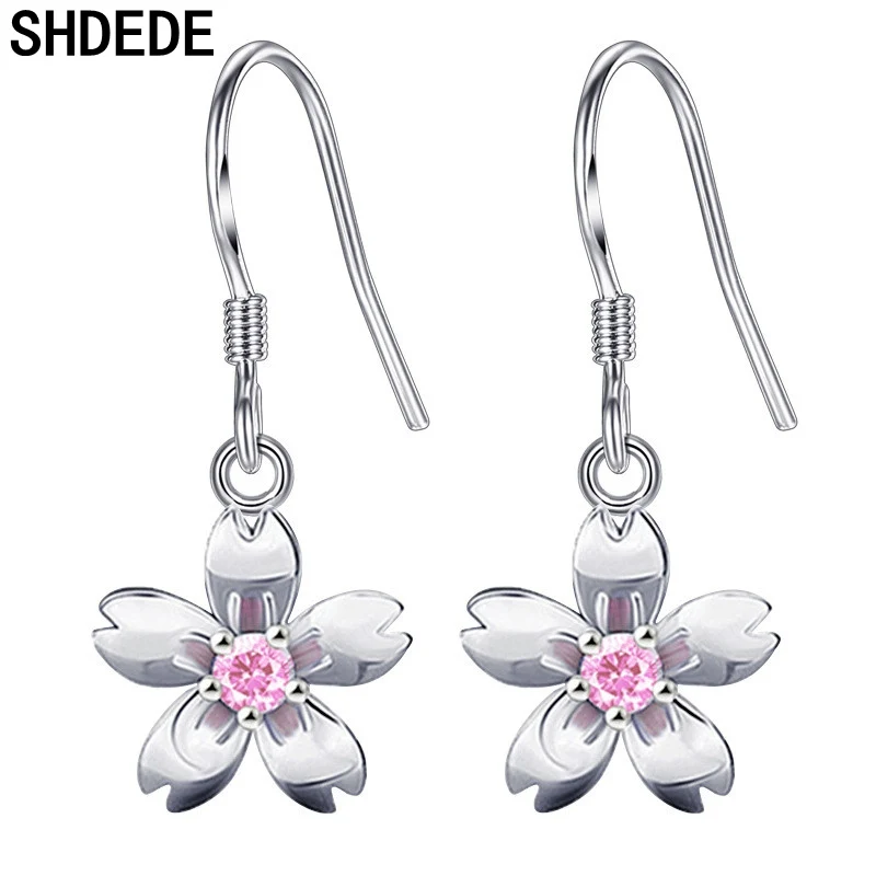 

SHDEDE Flower Drop Earrings For Women Cubic Zircon Fashion Wedding Jewelry Gifts White Pink CZ Crystal Hanging Eardrop *+WHE200