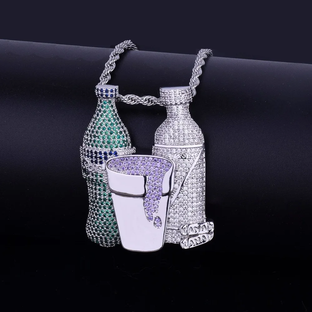 Двойной спрайт бутылка фиолетовый Кубок хип хоп кулон ожерелье Золото Серебро Цвет кубический циркон мужские ювелирные изделия с 4 мм теннисная цепь