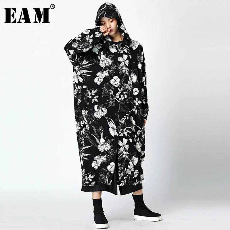 

[EAM] Women Hooded Flower Print Trench New Long Sleeve Black Big Size Loose Fit Windbreaker Fashion Autumn Winter 2020 JY732
