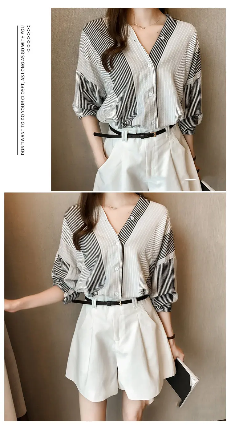 2019 Autumn Women's Striped Shirts Womens Tops And Blouses Fashion Long Sleeve Shirt Plus Size V-neck Blusas Chemise Femme (10)