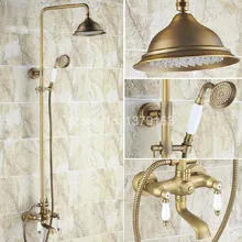 

Antique Brass Two Ceramic Handle Bathroom Rain Shower Faucet Set Tub Mixer Tap + 8.2" Round Rain Shower Head + Handshower ars144