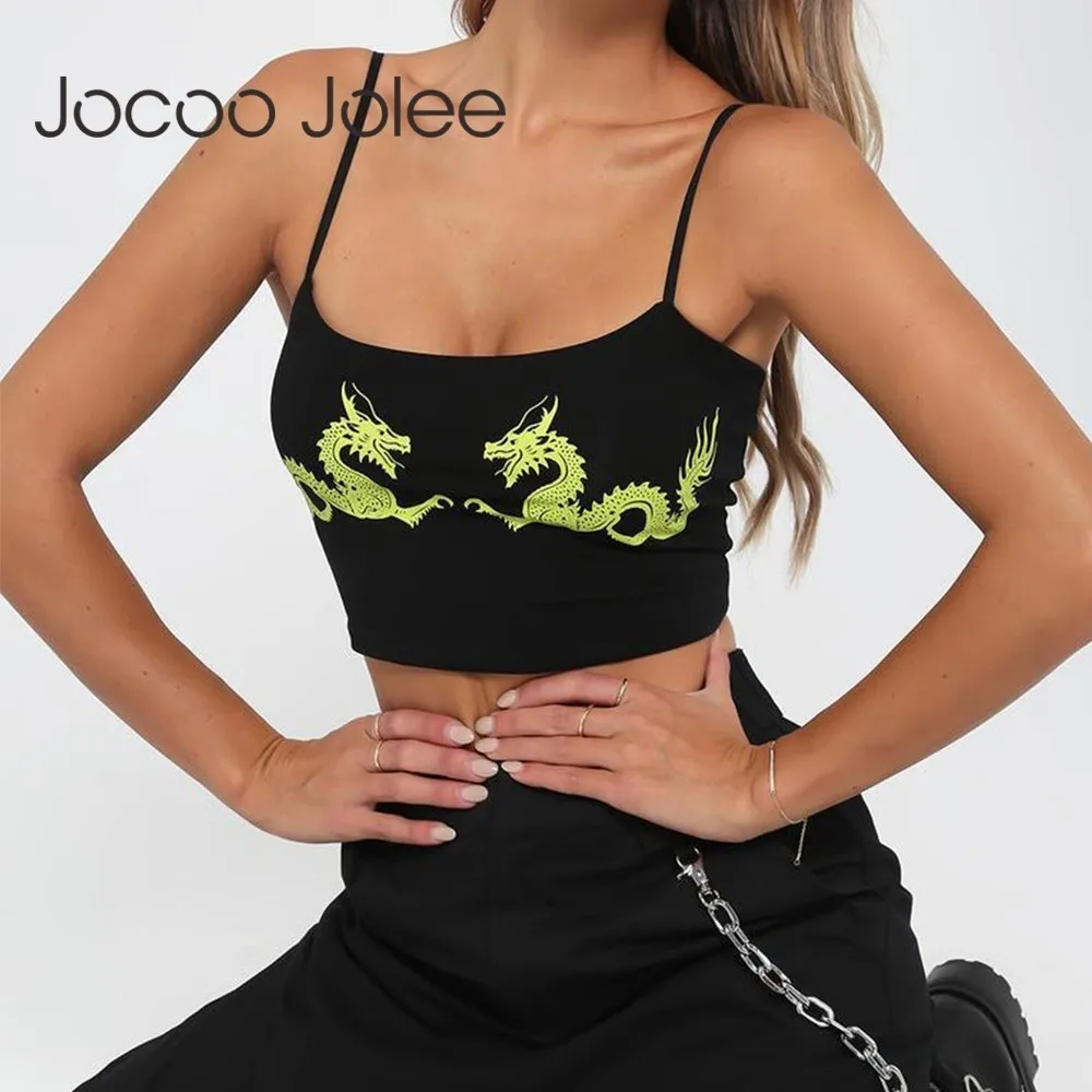 Женский укороченный топ Jocoo Jolee черный на бретельках с открытой спиной и принтом