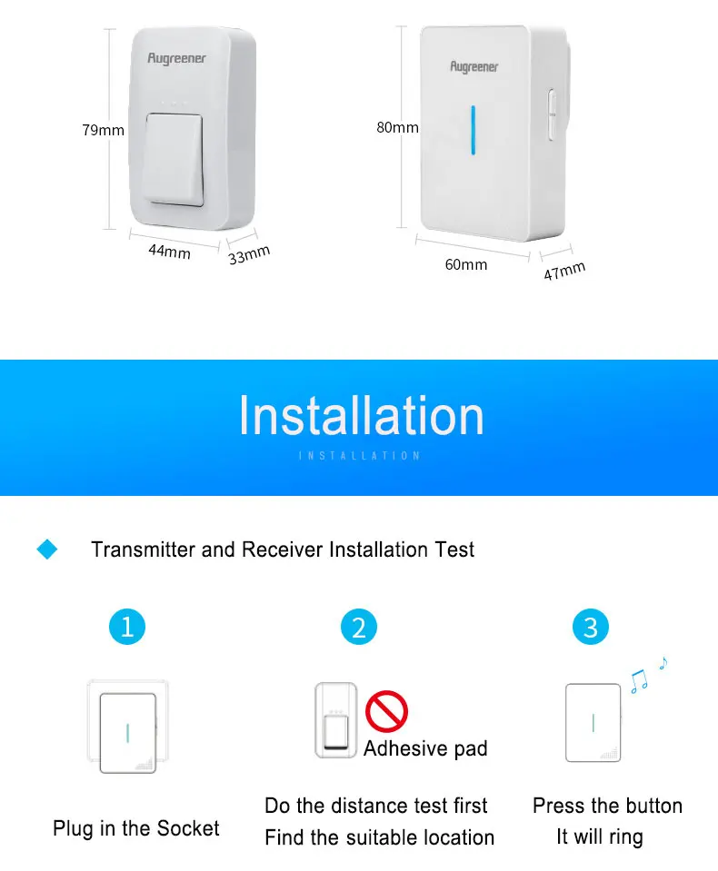 Augreener Wireless Doorbell Button Waterproof No Battery Door Bell EU US UK Plug 100M Long Working Range With 6 Stickers Augreener Wireless Doorbell Button Waterproof No Battery Door Bell EU US UK Plug 100M Long Working Range With 6 Stickers