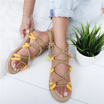 

SLHJC Summer Color Patchwork Flat Heel Sandals Boho Style Open Toe Cross Rope Strap Plus Size Women Casual Summer Shoes